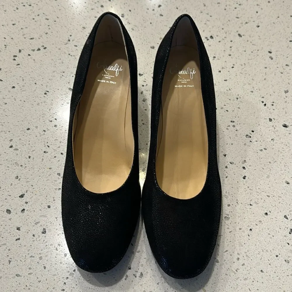 Amalfi by Rangoni Firenzie Black Leather Block Heel Pumps Made in Italy Size 12M